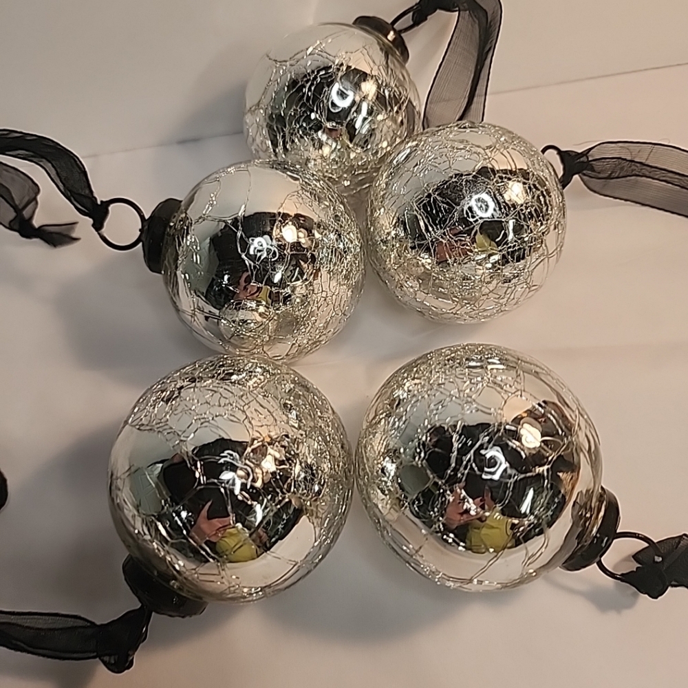 Vintage Kugel Style Christmas Ornaments x 5 Silver Crackle 3" Ball Mercury Glass